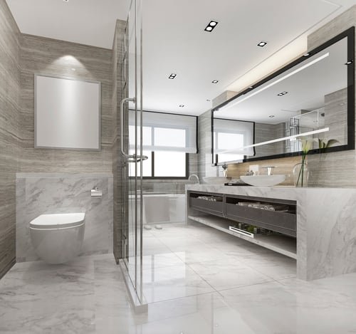 Modern tiled bathroom with a refinished white tub and glass shower surround